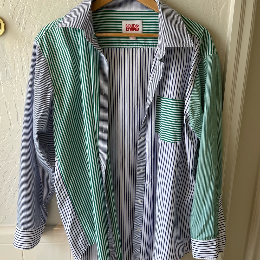 SOLID & STRIPED Blue Green Striped Men's style Button-Down Shirt swim cover 90’s